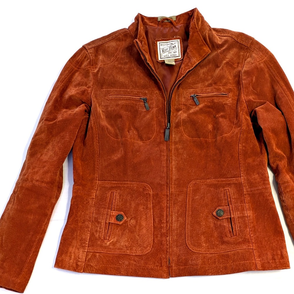 Ruff Hewn Well Worn Burnt Orange Suede Leather Jacket Womens Medium Full Zip